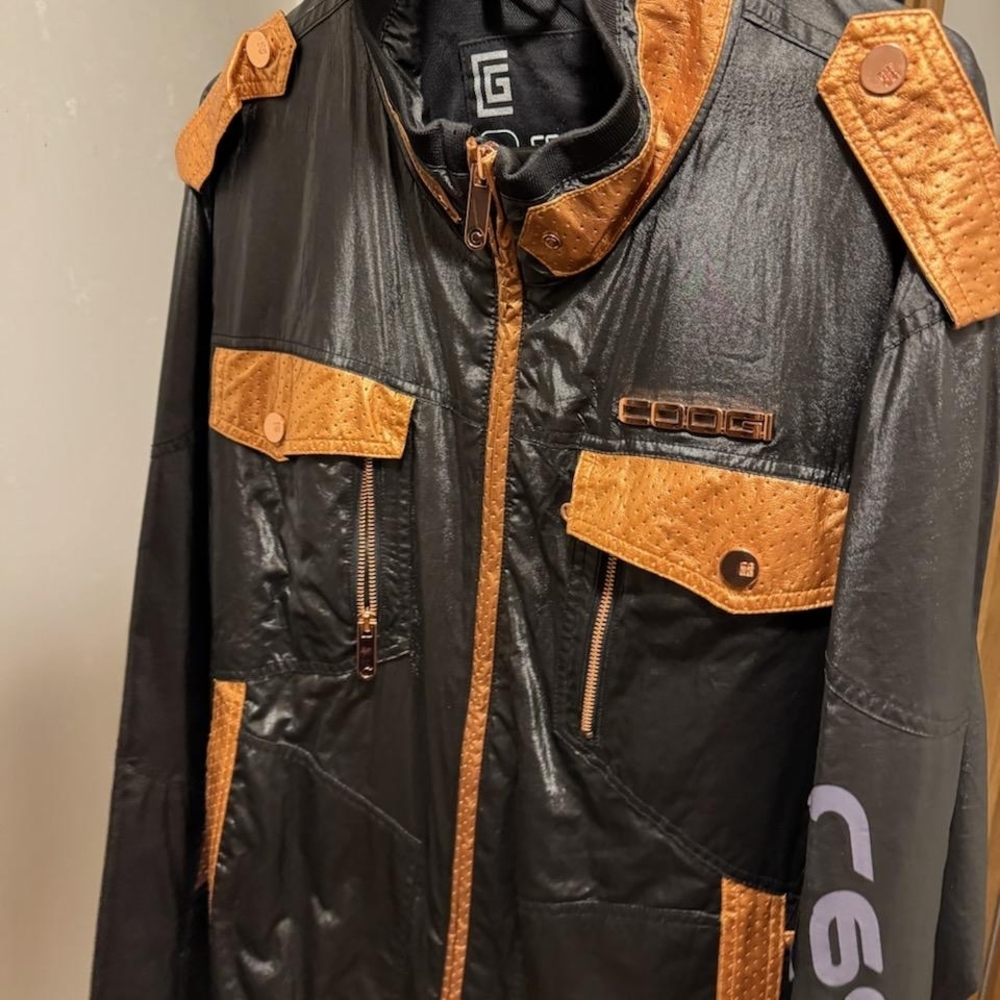COOGI Vintage Black Jacket‎ with Brown Leather Like-Trim